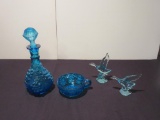 Blue Glass Decanter, Cup, & Birds - W