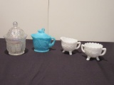 Iridescent Glass Dish, Blue Glass Creamer, & Milk Glass Cream & Sugar - W