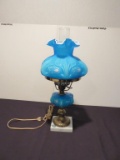 Electric Hand Painted Blue Glass Lamp With Hurricane - W
