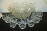 Pressed Glass Punch Bowl & Glasses - M