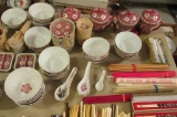 Red Oriental Ceramic Rice Bowls With Assorted Chop Sticks  - G