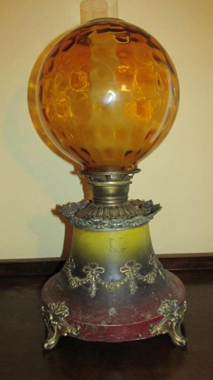 Antique Amber Dimpled Glass Oil Lamp - DR