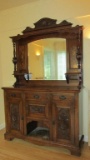 Hand Carved Solid Oak Buffet With Bevel Mirror - DR