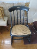 Antique Black Painted Rocker With Rattan Seat - F