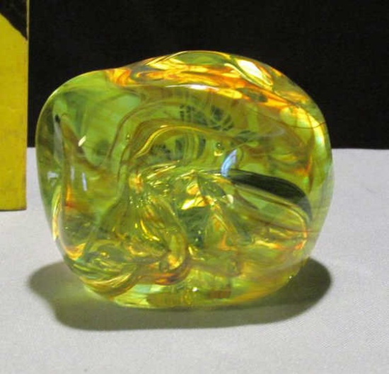 Brian Lonsway Signed Yellow Glass Paperweight - K