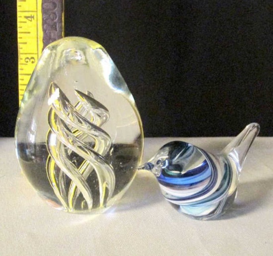 Glass Art Paperweight & Smaller Glass Bird - K