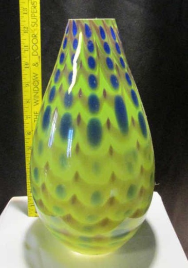 Tall Green, Blue, & Tan Glass Vase -