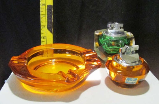 Amber Glass Ashtray, Matching Lighter, & Separate Green Glass Base Lighter
