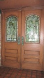 Pair Of Antique Wood Doors With Leaded Stained