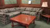 Green Plaid Sectional Couch & Large Coffee Table