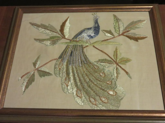 Stitched Peacock Art In Wood Frame - B
