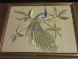 Stitched Peacock Art In Wood Frame - B