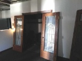 F - Pair Of Leaded Beveled Cut Mirrored Oak Doors