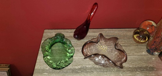 L- Ruby Glass Bird, Depression Glass Cornucopia & Crimped Edge Carnival Glass