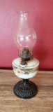 D- Antique Hand Painted Porcelain Oil Lamp with Black Milk Glass Base