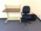 A- (6) Small Chairs, Rolling desk, (2) Trash cans, Office Chair