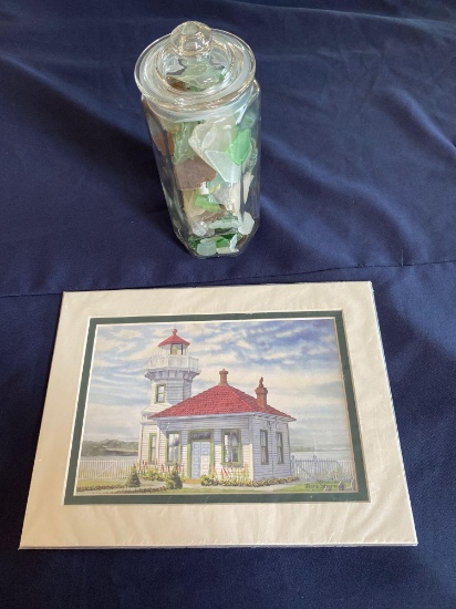 Jar of Erie Beach Glass and Lighthouse Print Mark Sherman