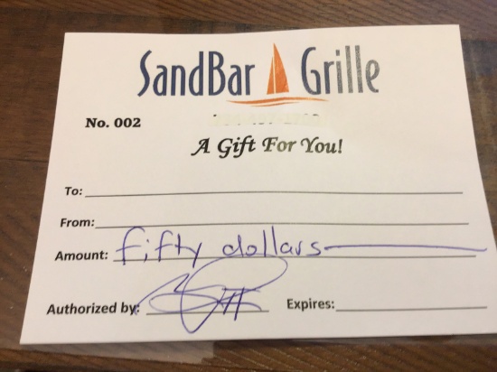 (1) $50 SandBar Grille Giftcard