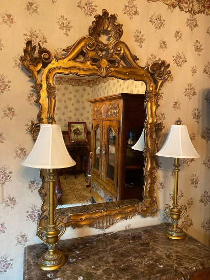 6- Gold Framed Mirror with Metal Base Lamps