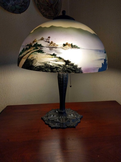 P- Antique Hand Painted Glass Shade Lamp