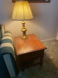 LR-Wood End Tables and Brass Colored Lamps