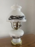 O- Currier and Ives Milk Glass Lamp