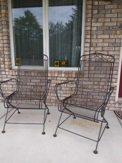 O- Pair of Black Metal Wrought Iron Rocking Chairs