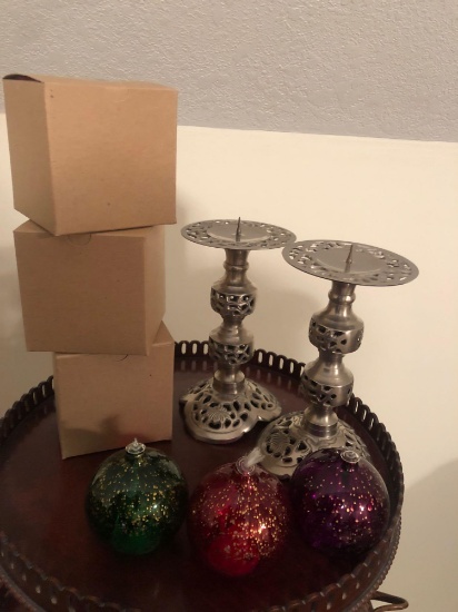 UB1- glass bulb candles with wick and a pair of candlesticks