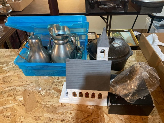 B- Pewter Tea Pot Set and Church Sculpture