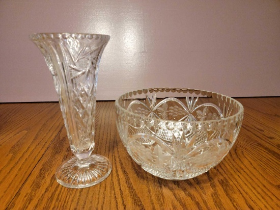 FR- (2) Crystal Cut Glass Etched Bowl and Vase