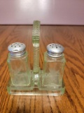 FR- Green Depression Glass Salt and Pepper Shaker with Carrier