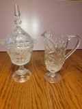 FR- (2) Crystal Cut Glass Etched Pitcher and Lidded Pedestal Dish