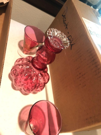 L- Pink Glass Decanter with Stopper and 12 Glasses