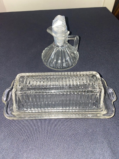 Glass Oil Cruet and Butter Dish