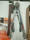 G- Pipe Wrench and (2) Bolt Cutters