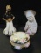 B- Assorted Vintage Figurines and Vintage Jewelry. Bowl with Lid