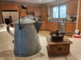 H- Adams Coffee Grinder and Porcelain Coated Metal Coffee Pot