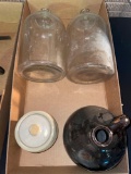 B- Vintage (2) Glass Jugs , (1) Stoneware Jug, and (1) Crock with Lid