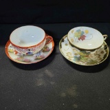 B- Antique Porcelain Hand Painted Tea Cups and Saucers