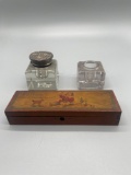 B- (2) Vintage Ink Wells, Antique Little Jacker Horner Pencil Box