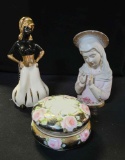 B- Assorted Vintage Figurines and Vintage Jewelry. Bowl with Lid