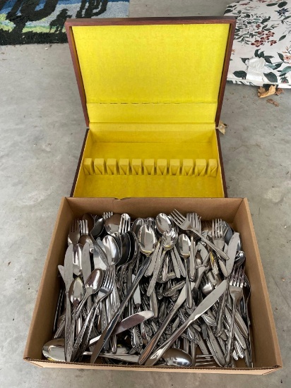 G- Large Lot of Assorted Stainless Steel Silverware and Box
