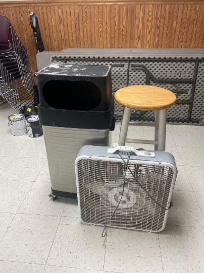 L- Box Fan, Rolling Trash Can, and Wood Stool
