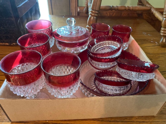 DR- Painted Red Glass Bowl, Candy Dish With Lid, and Glasses