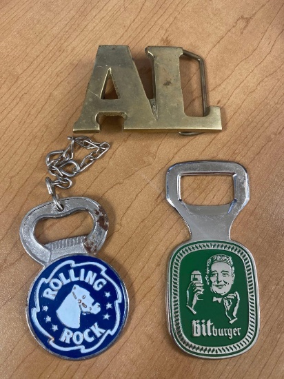 M- Brass AL Belt Buckle and (2) Bottle Openers