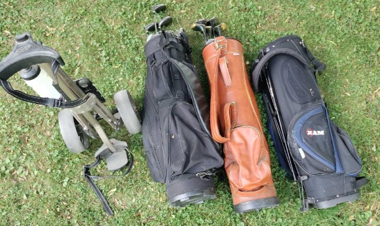S- Assorted Golf Bags, Clubs, and Carrier