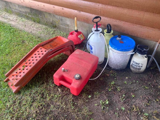 Outside- Pair of Metal Car Ramps and Assorted Sprayers