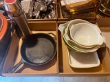 K- Lodge USA 8SK Cast Iron Skillet, Thermos, and (5) Pyrex Glass Dishes