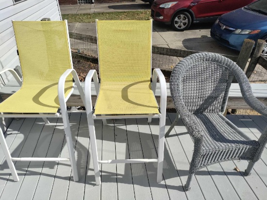 Outside- (1) Plastic Wicker Chair and (2) Metal Chairs With Mesh Seats