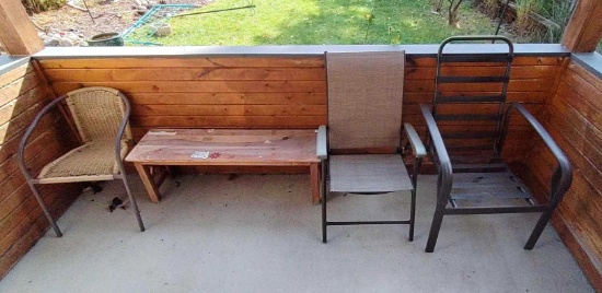 Outside- (3) Chairs and Wood Bench